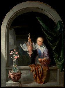 Dominicus van Tol - Woman in a Window, Holding a Dead Fowl - 30.503 - Museum of Fine Arts