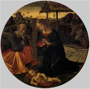 Domenico ghirlandaio, tondo con l'adorazione del bambino. Free illustration for personal and commercial use.