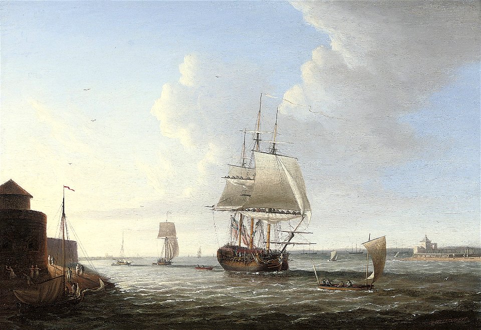 Dominic Serres - An English man-o'war shortening sail entering Portsmouth harbour