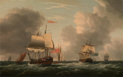 Dominic Serres - An English Two-Decker Lying Hove to, with Other Ships and Vessels in a Fresh Breeze - Google Art Project. Free illustration for personal and commercial use.
