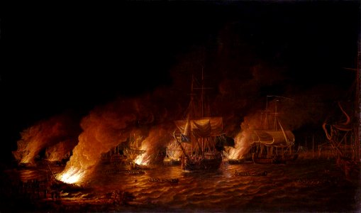 Dominic Serres (1722-1793) - French Fire-Ships Attacking the English Fleet off Quebec, 28 June 1759 - BHC0392 - Royal Museums Greenwich