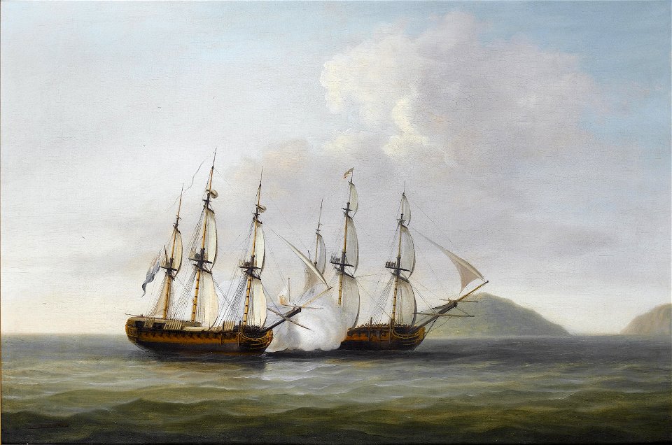 Dominic Serres - Captain George Montagu of the 'Pearl', 32 guns, engaging the Spanish frigate 'Santa Monica' off the Azores, 14th. September 1779