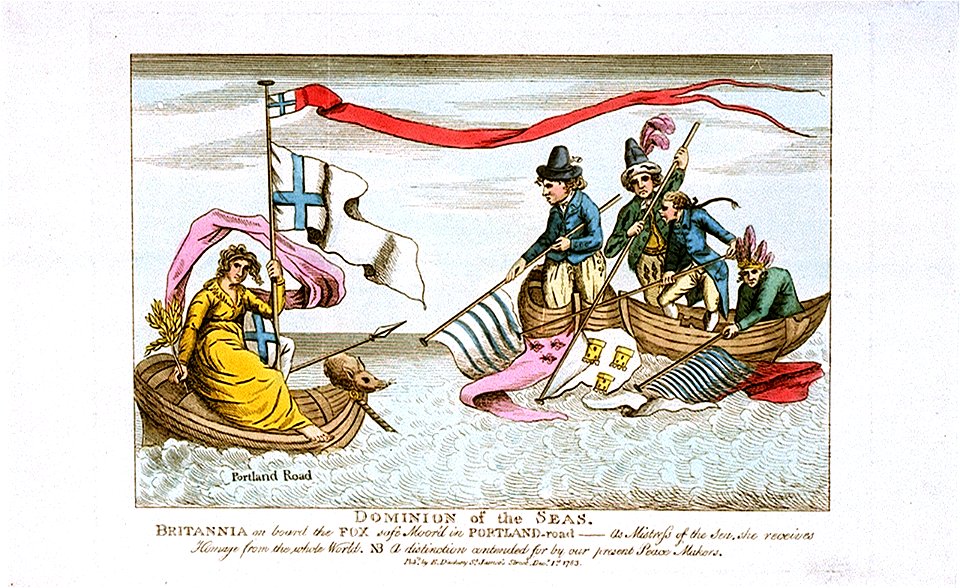 Dominion of the Seas. Brittania on board the Fox safe moor'd in Portland-road - as Mistress of the sea she receives Homage from the whole World (caricature) RMG PW3914