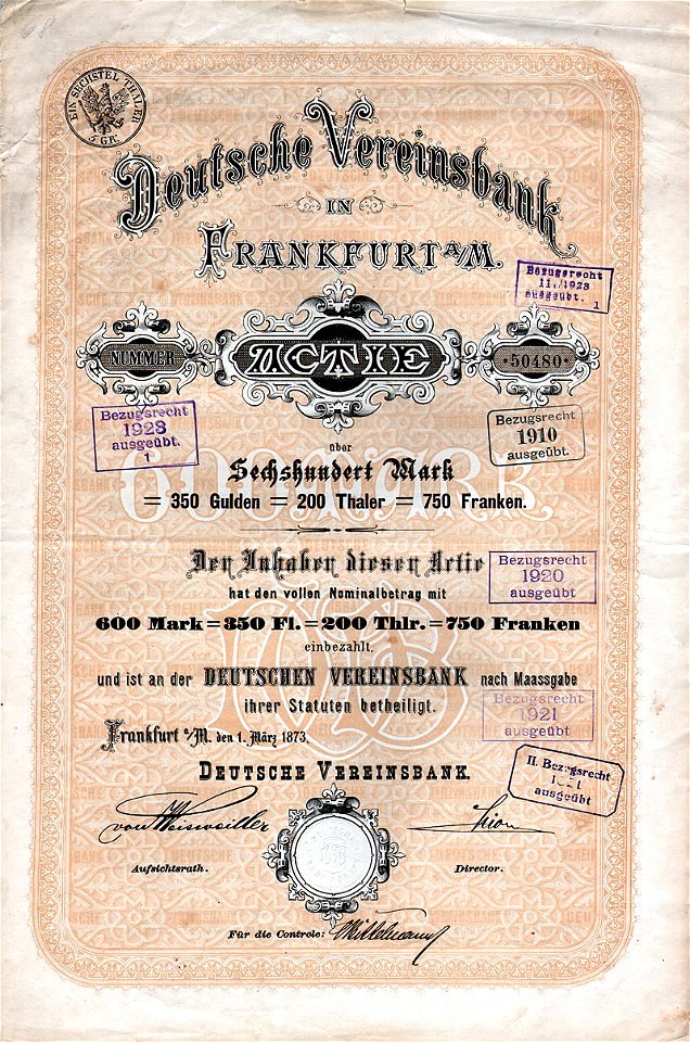 Deutsche Vereinsbank 600 Mk 1873