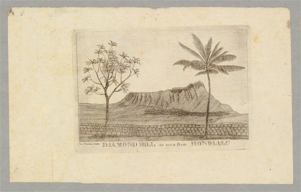 Diamond Hill as seen from Honolulu. Engraved by Momona