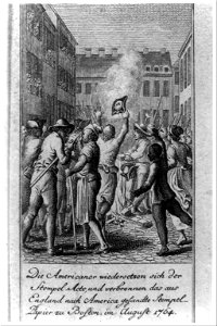 Die Americaner wiedersetzen sich der Stempel-Acte, und verbrennen das aus England nach America gesandte Stempel-Papier zu Boston, im August 1764 LCCN2004670197