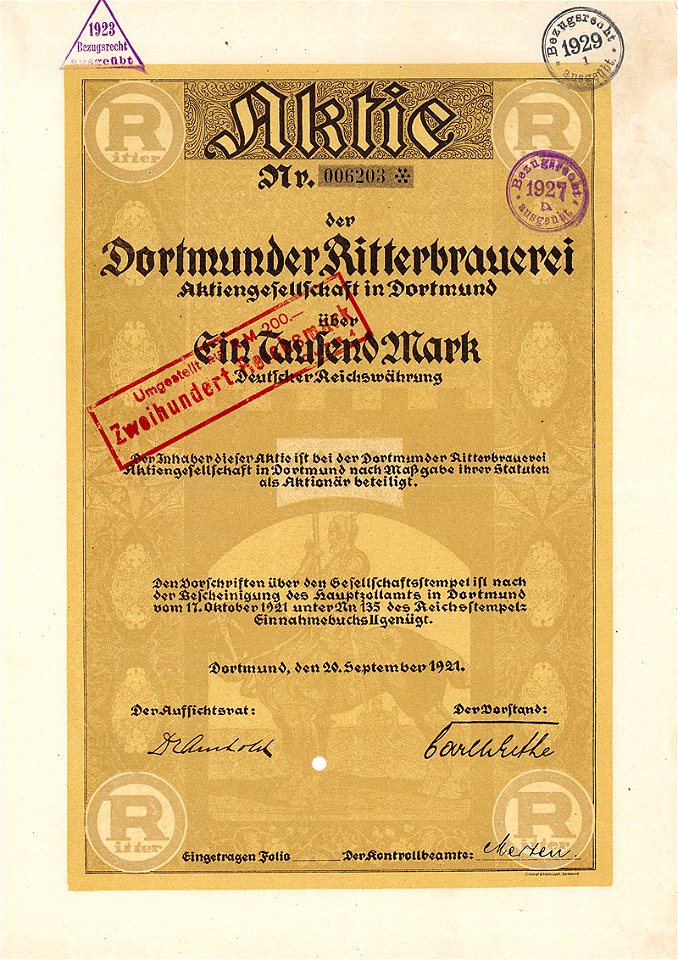 Dortmunder Ritterbrauerei AG 1000 Mk 1921