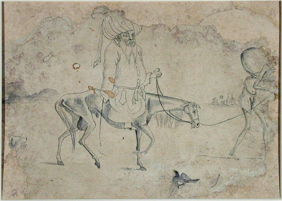 Dopiaza, a comic character of a mullah, seated on an emaciated horse (6124537145)