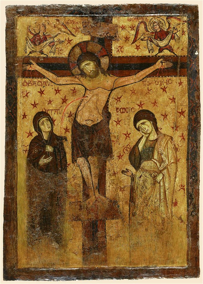 Double-sided icon - Crucifixion and Hodegetria (9-13th c., Byzantine museum)