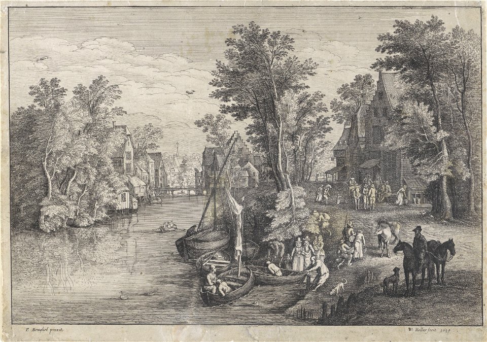 Dorpsgezicht met kleine veerboot aan de rivier, Wenceslaus Hollar, naar Pieter Brueghel (I), 1649