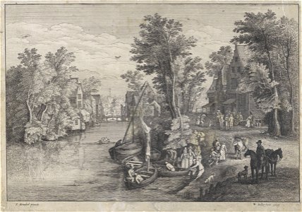 Dorpsgezicht met kleine veerboot aan de rivier, Wenceslaus Hollar, naar Pieter Brueghel (I), 1649