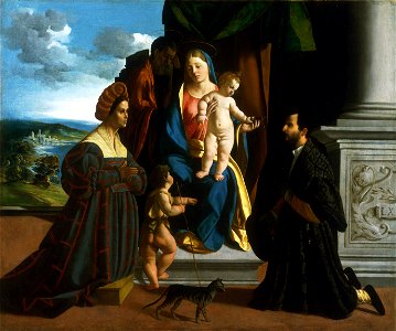 Dosso Dossi (Giovanni de' Luteri), Italian (active Ferrara), first recorded 1512, died 1542 - The Holy Family, with the Young Saint John the Baptist, a Cat, and Two Donors - Google Art Project. Free illustration for personal and commercial use.