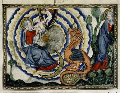 Douce Apocalypse - Bodleian Ms180 - p.043 Woman and the dragon. Free illustration for personal and commercial use.