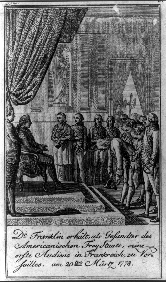 Dr. Franklin erhält, als Gesandter des Americanischen FreyStaats, seine erste Audienz in Frankreich, zu Versailles, am 20ten Märtz 1778 LCCN2004670204