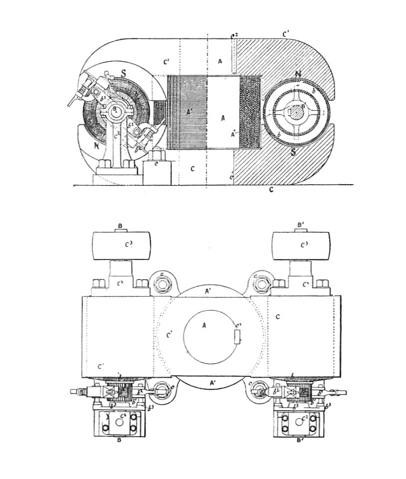 Double field magnet dynamo (Rankin Kennedy, Electrical Installations, Vol III, 1903)