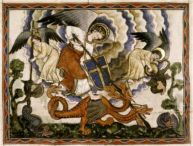 Douce Apocalypse - Bodleian Ms180 - p.044 War in heaven. Free illustration for personal and commercial use.