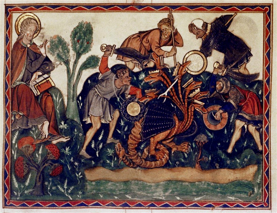 Douce Apocalypse - Bodleian Ms180 - p.047 The seed of the woman fight the dragon