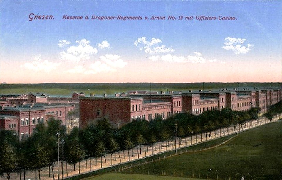 Dragoner-Kaserne in Gnesen, Postkarte von vor 1916