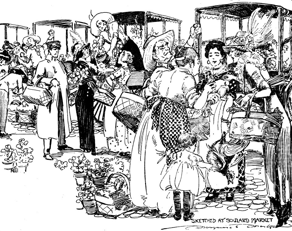 Drawing by Marguerite Martyn of Soulard Market, St. Louis, in 1912