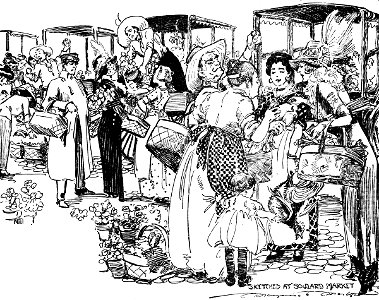 Drawing by Marguerite Martyn of Soulard Market, St. Louis, in 1912. Free illustration for personal and commercial use.