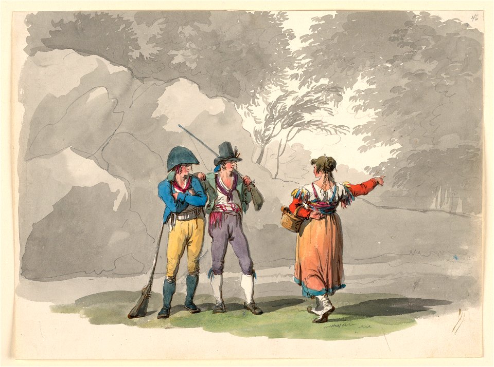 Drawing, A Woman and Two Men with Guns. Costumes of the Kingdom of Naples, 1807–08 (CH 18329683)