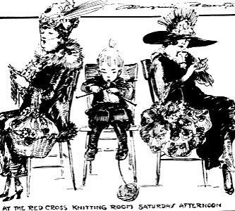 Drawing by Marguerite Martyn of two women and a child, all knitting for the war effort in St. Louis, Missouri. Free illustration for personal and commercial use.