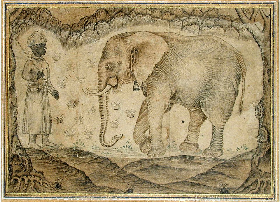 Drawing of an African elephant with his mahout (6125087620)