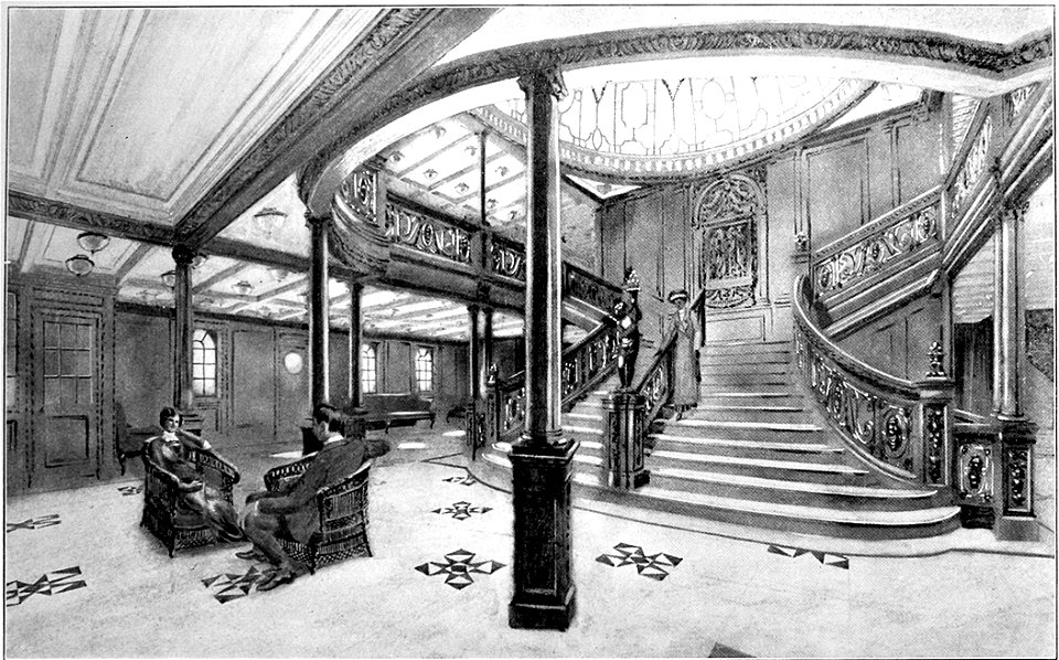 Drawing of the Grand Staircase onboard the RMS Titanic from the 1912 promotional booklet