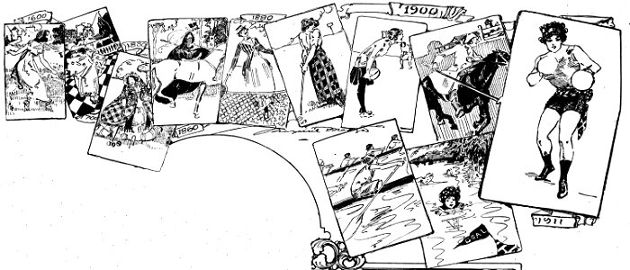Drawing by Marguerite Martyn of women athlete prototypes from 1600 to 1911