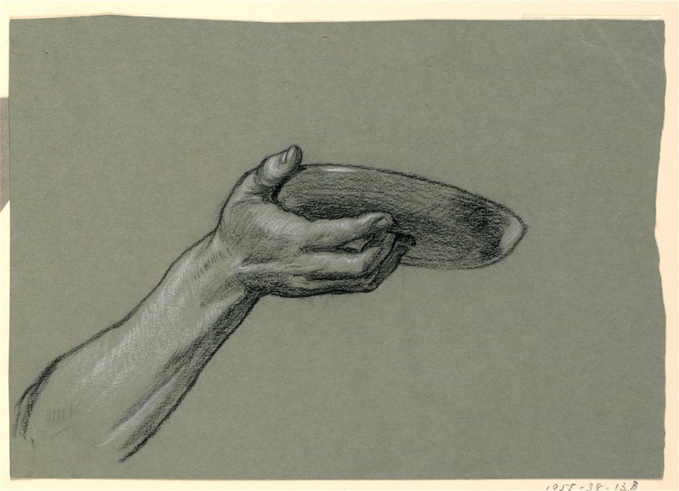 Drawing, detail of forearm and hand holding circular object, ca. 1885 (CH 18404371)