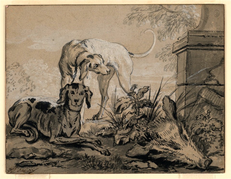 Drawing, After the Hunt- Two Hounds beside a Boar's Head, 1740 (CH 18353865)