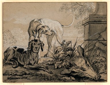 Drawing, After the Hunt- Two Hounds beside a Boar's Head, 1740 (CH 18353865)