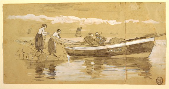 Drawing, Fisherman and Women Stowing Nets in a Beached Dory, Cullercoats, England, 1881 (CH 18174327)