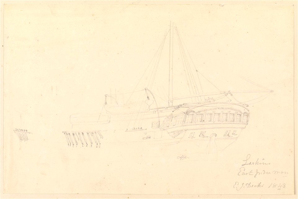 Drawing of the hull and stern of the 'Larkins', East Indiaman, 1843 RMG PY3777