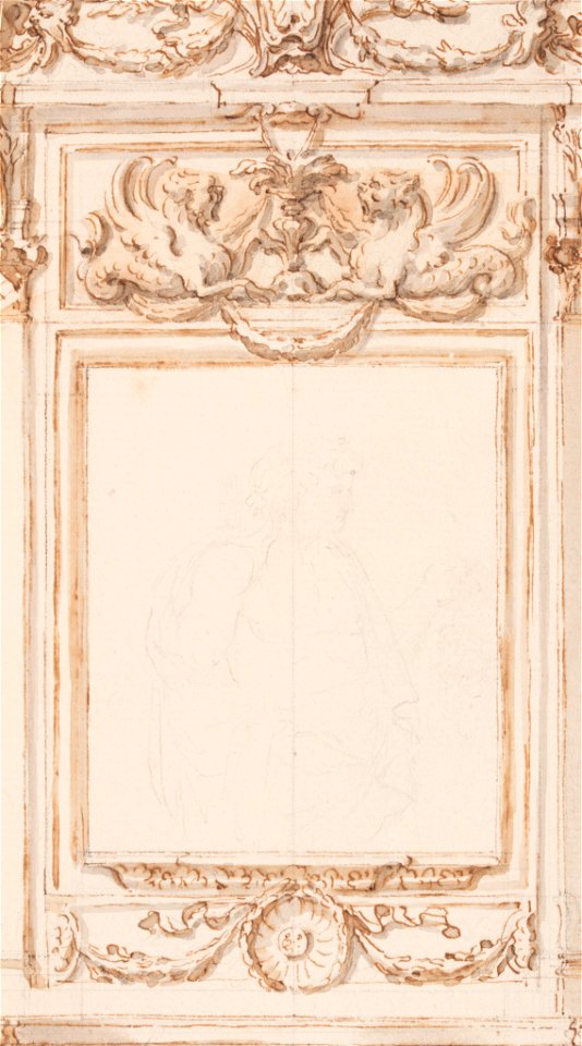 Drawing, Design for a Mantelpiece in the Villa Albani with Two Men and a Dog, 1755–57 (CH 18109287-2)