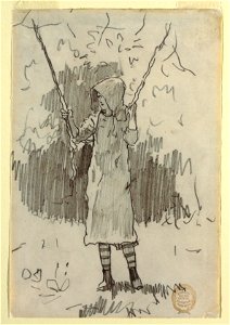 Drawing, Girl in a Sunbonnet Standing and Leaning on a Swing., 1879 (CH 18175247). Free illustration for personal and commercial use.