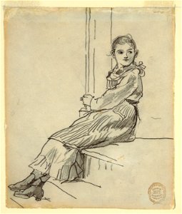 Drawing, Girl Seated on a Porch Step, 1879 (CH 18175345). Free illustration for personal and commercial use.