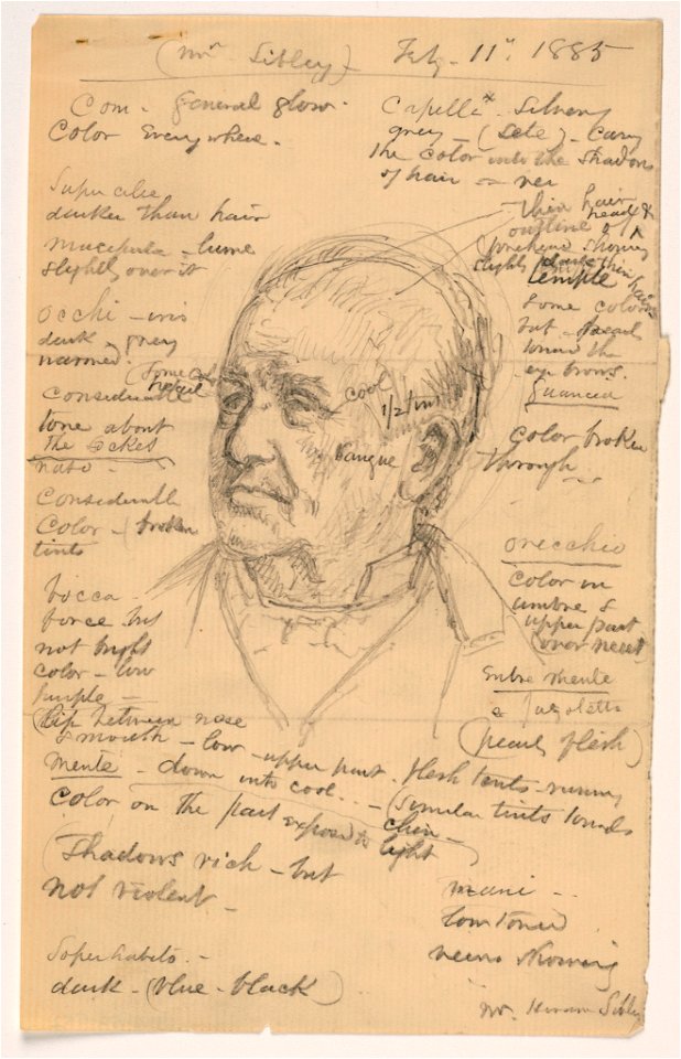 Drawing, Hiram Sibley's Head, many notes, 1885 (CH 18566769)