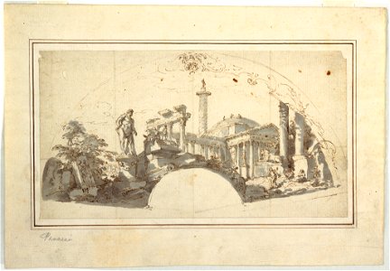 Drawing, Design for a Fan- Capriccio with Roman Ruins and the Farnese Hercules, ca. 1750 (CH 18550887)