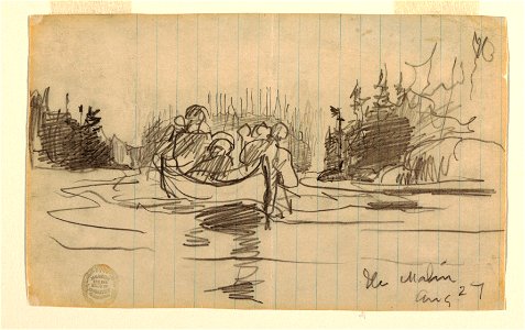 Drawing, Canoe with Three Men - Ile Maligne, Quebec, Canada, August 27, 1897 (CH 18174585). Free illustration for personal and commercial use.