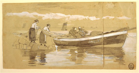 Drawing, Fisherman and Women Stowing Nets in a Beached Dory, Cullercoats, England, 1881 (CH 18174335)