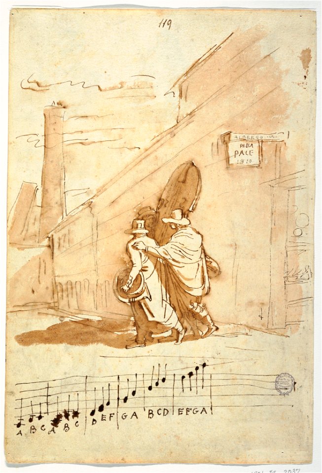 Drawing, Recto- Three Musicians in Front of the Albergo Della Pace, 1810, 1810 (CH 18113341)