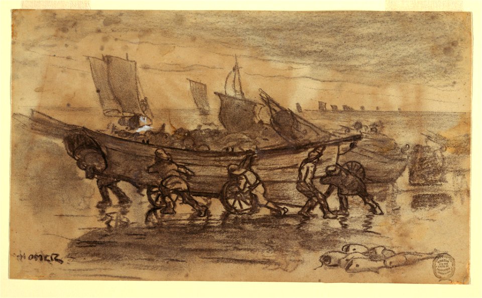 Drawing, Fishermen Beaching a Dory, Cullercoats, England, 1881 (CH 18175087)