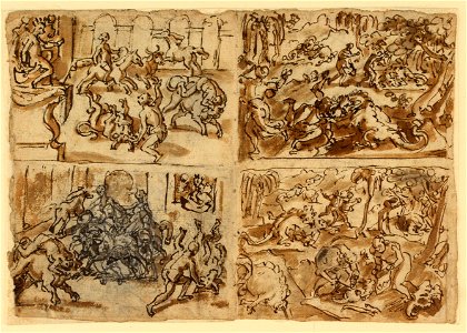 Drawing, Sketchbook Page with Scenes of Thessalians Fighting Bulls and Men Battling Alligators, 1587 (CH 18109773)