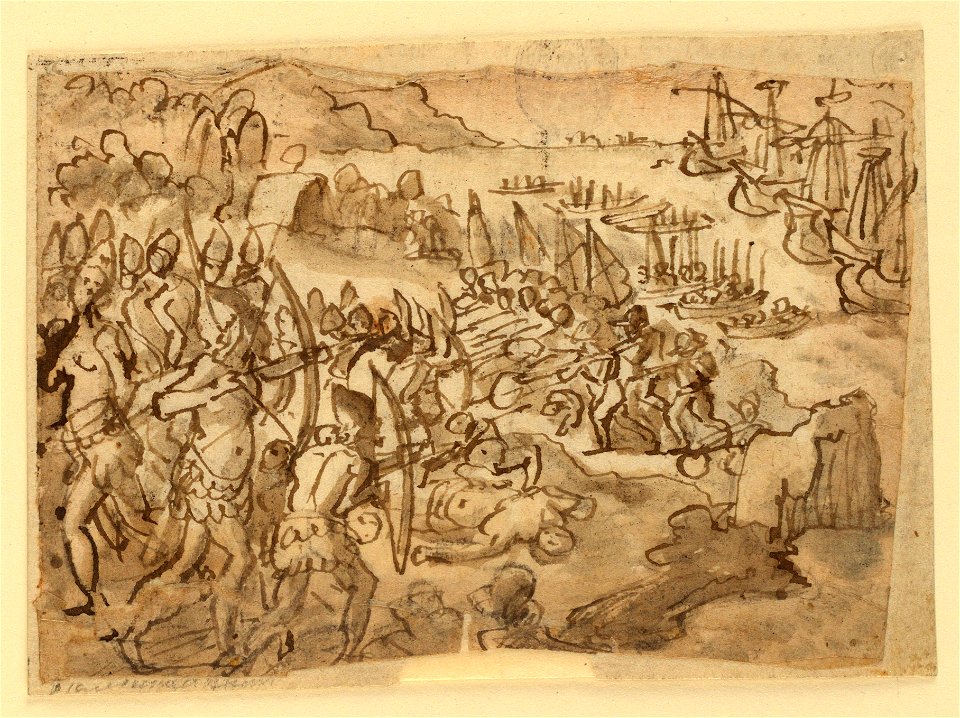 Drawing, Page of a drawing book; Battle Between Indians and Europeans, ca. 1590 (CH 18117751)