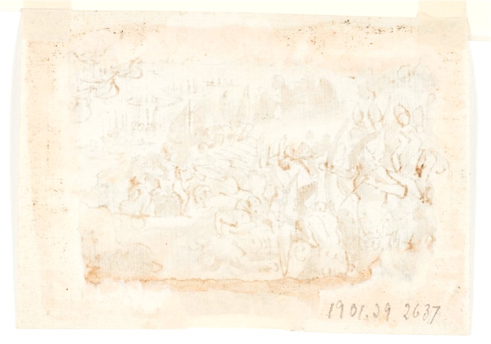 Drawing, Page of a drawing book; Battle Between Indians and Europeans, ca. 1590 (CH 18117751-2)