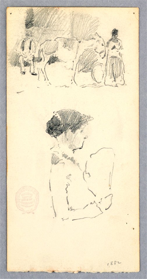 Drawing, Scene with Donkey and Two Figures; Woman Holding a Fan, 1882 (CH 18139815)