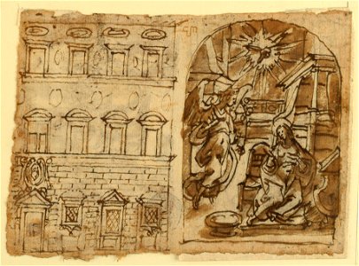 Drawing, Page of a sketchbook; Elevation of Palace, Annunciation, Last Supper, ca. 1590 (CH 18117791)