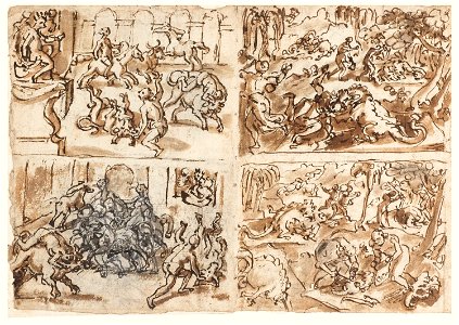 Drawing, Sketchbook Page with Scenes of Thessalians Fighting Bulls and Men Battling Alligators, 1587 (CH 18109773-3)