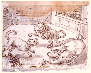 Drawing, Sketchbook Page- A Dog, After Having Killed an Elephant, Fights a Lion, ca. 1590 (CH 18116611)